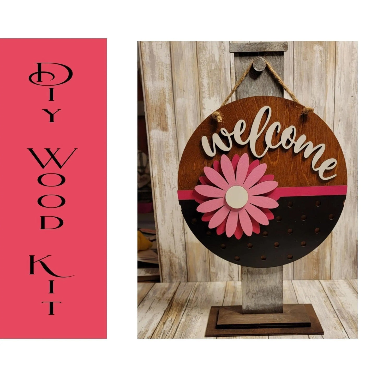 Spring Welcome with pink flower Door Hanger - RusticFarmhouseDecor