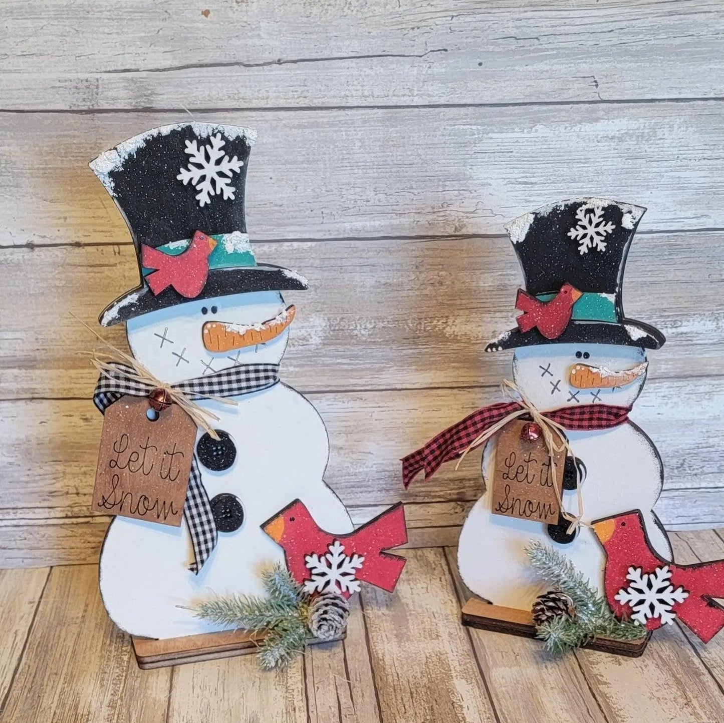 Standing Snowmen with Birds | Winter Snowmen Wood Decor | Christmas Snowmen Wood Decor | Tabletop Decor - RusticFarmhouseDecor