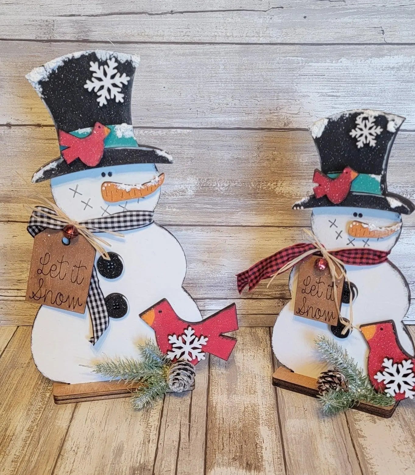 Standing Snowmen with Birds | Winter Snowmen Wood Decor | Christmas Snowmen Wood Decor | Tabletop Decor - RusticFarmhouseDecor