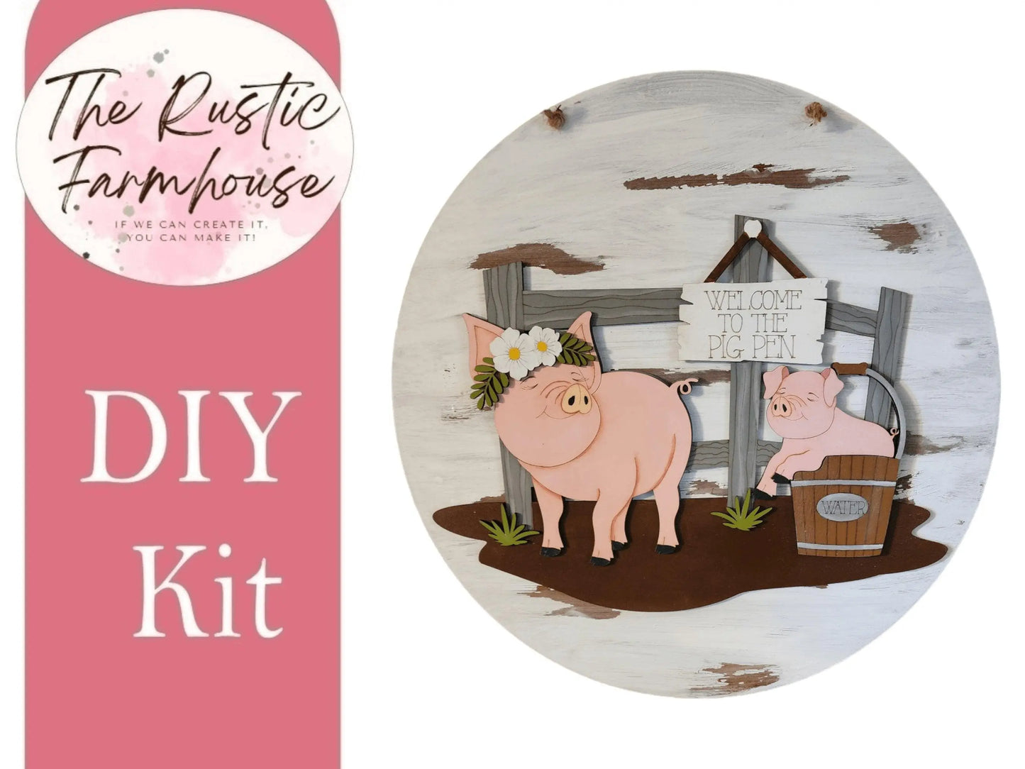 Summer Door Hanger with farm pigs Welcome to the Pig DIY laser cut wooden blanks round - RusticFarmhouseDecor