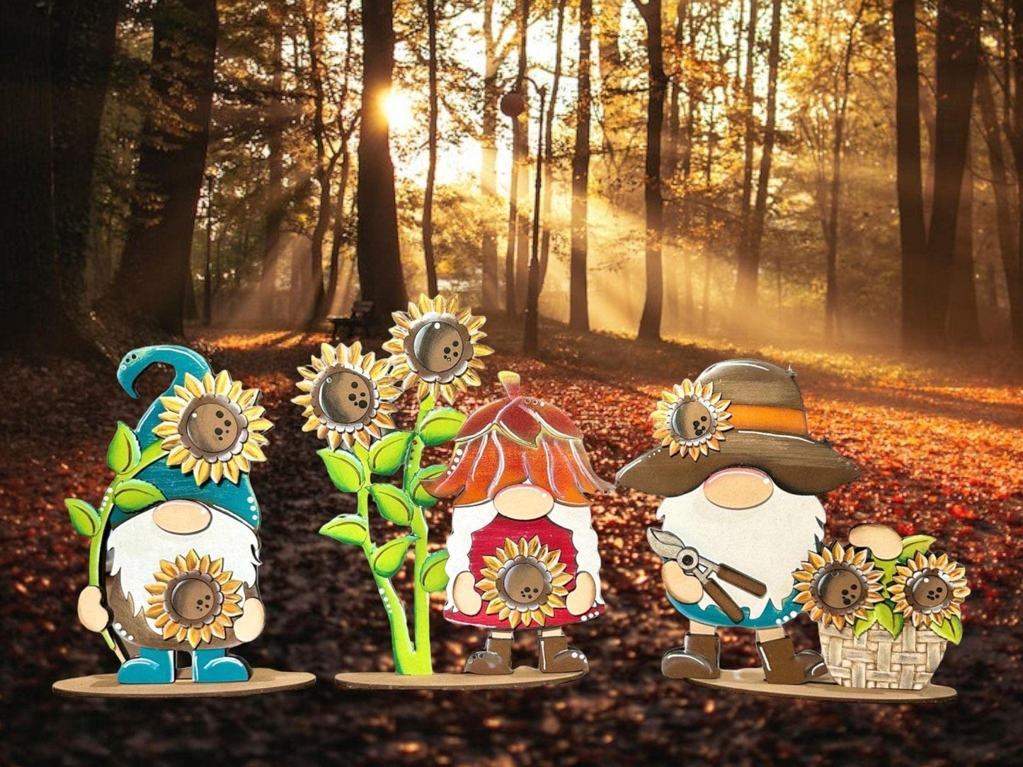Sunflower Gnomes Shelf Sitter, DIY Gnome kit, Tiered Tray Decor - RusticFarmhouseDecor