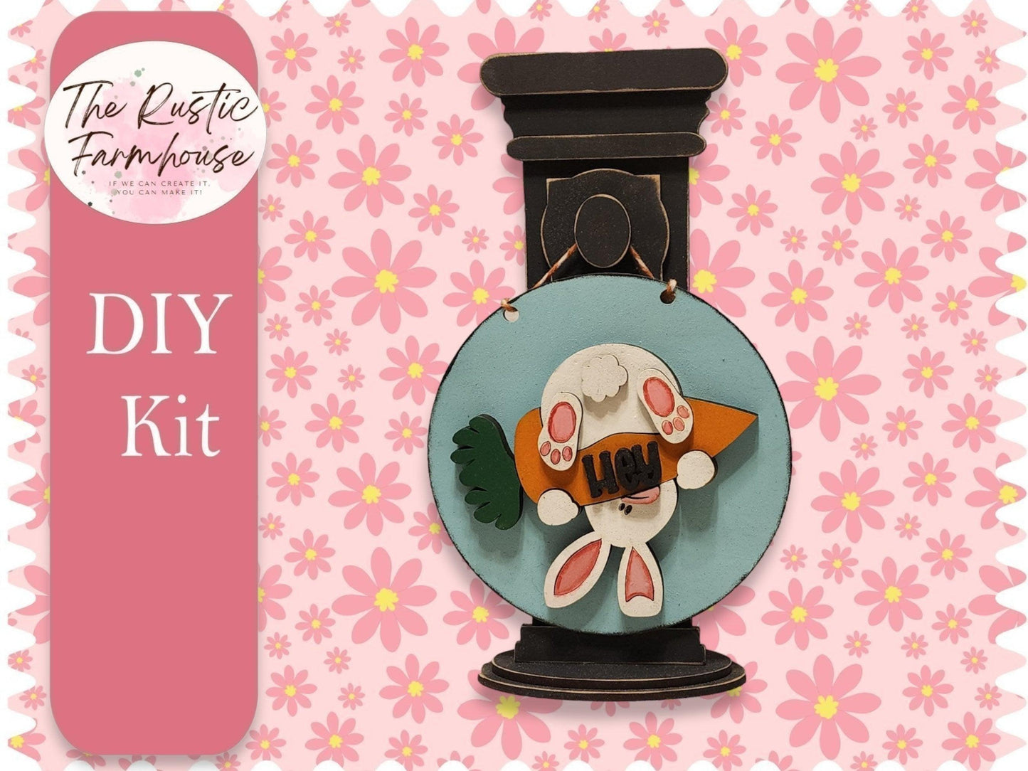 Upside Down Bunny Round and Stand, DIY Miniature Door Hanger, Unfinished DIY Wood Kit, Blanks to Decorate Home Decor, DIY Easter Door Hanger - RusticFarmhouseDecor