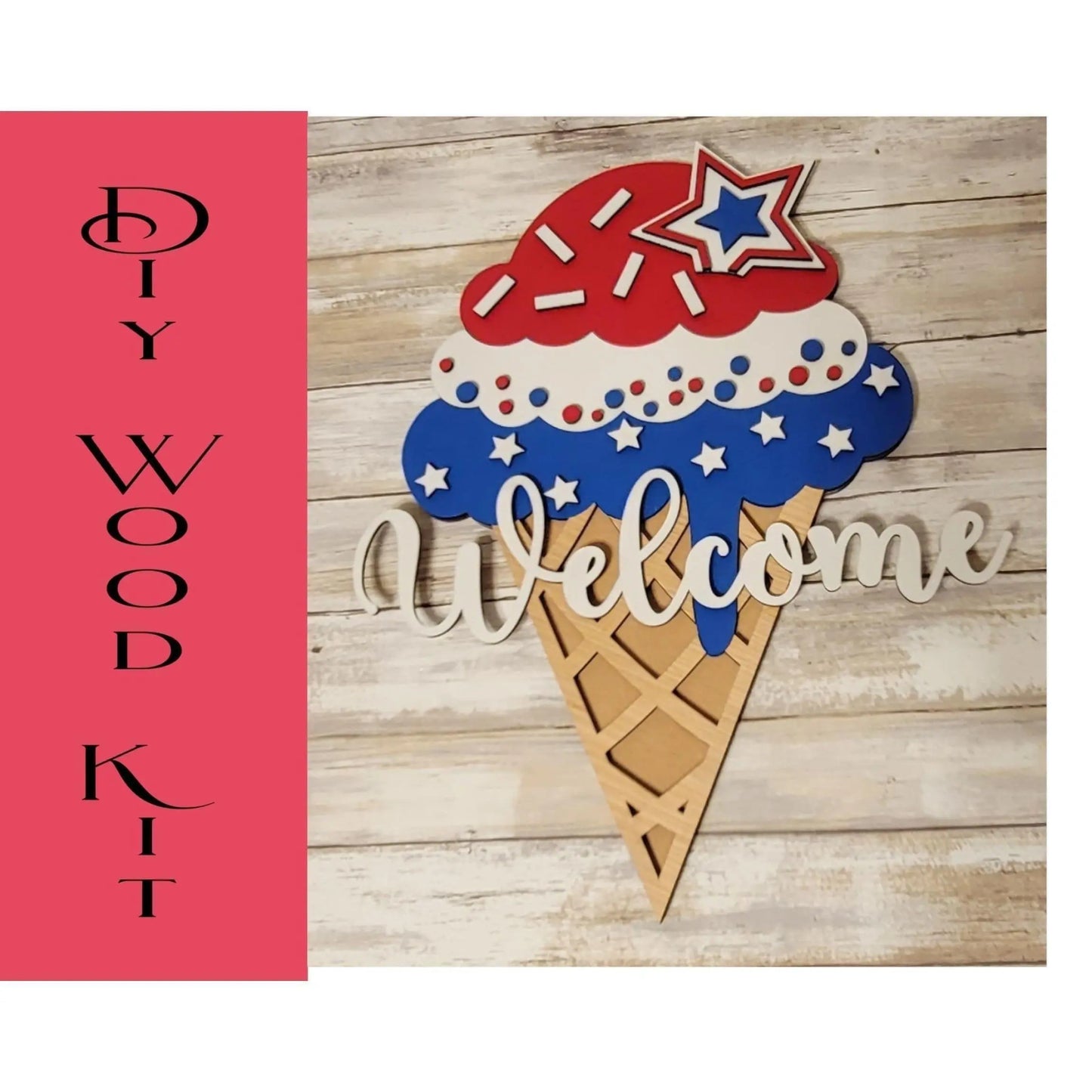 Welcome 4th of July Ice Cream Cone Door Hanger - RusticFarmhouseDecor