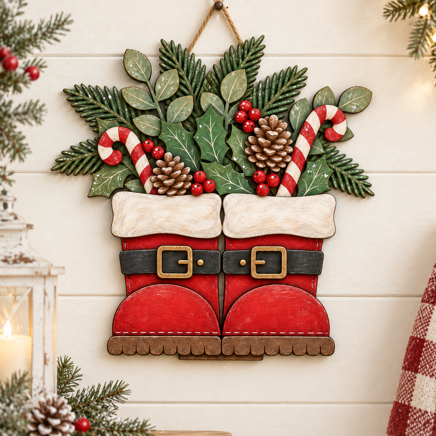 two wooden Santa Claus figurines, one wearing green pants and the other wearing red pants, holding various holiday-themed items such as a gingerbread man, a teddy bear, and a book.