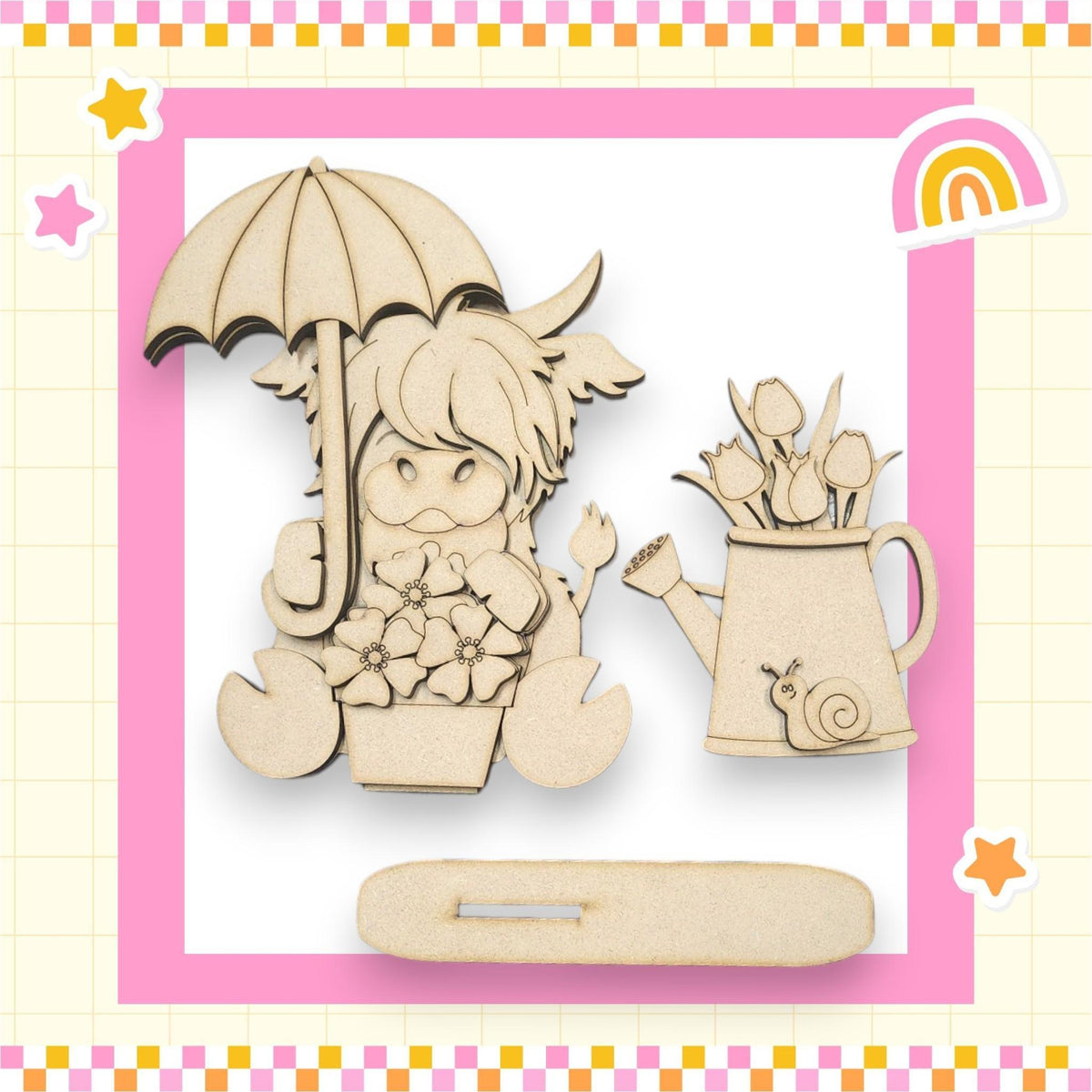 a wooden cutout of a girl with an umbrella