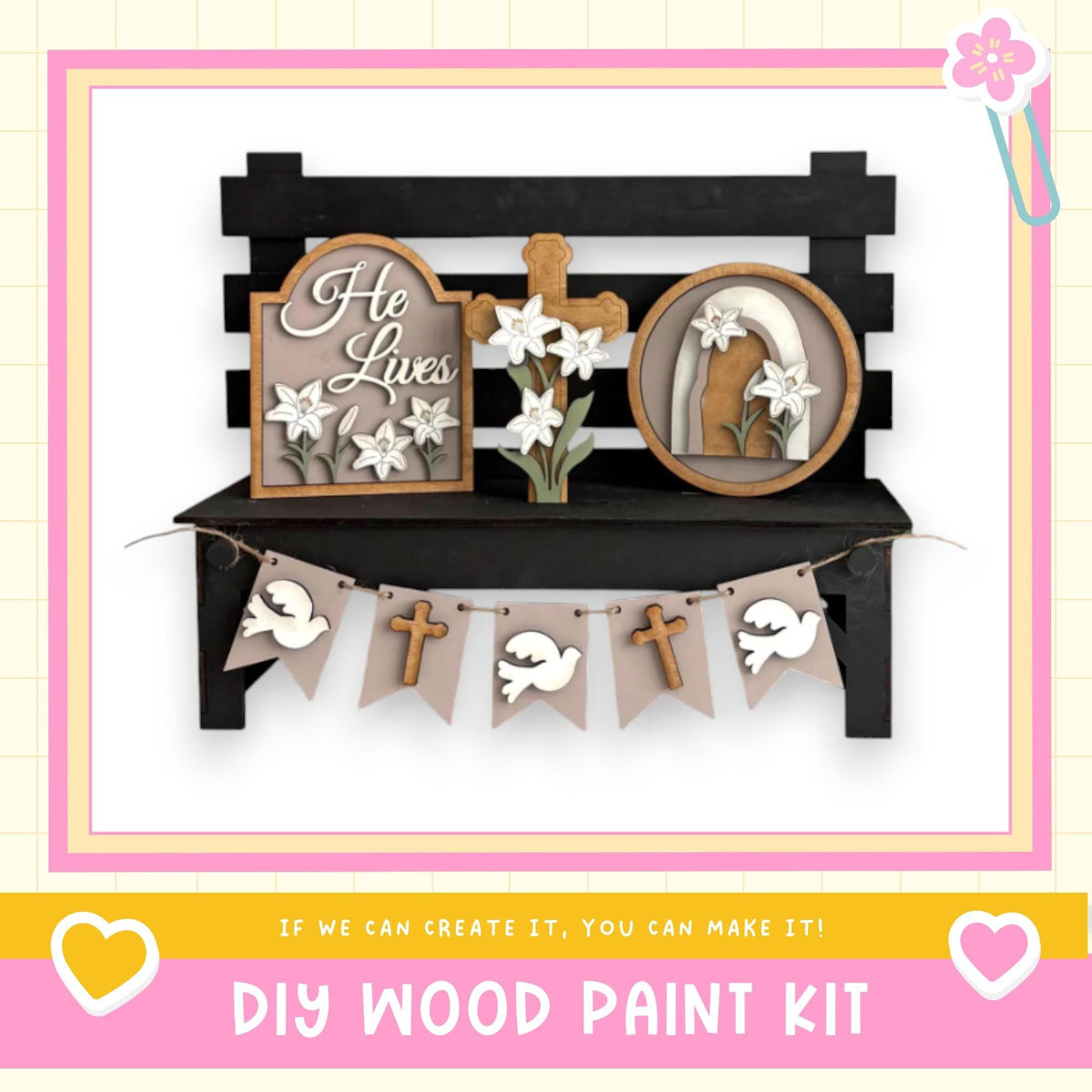 a DIY wood paint kit for creating a wooden bench with decorative elements such as a cross, flowers, and a banner.