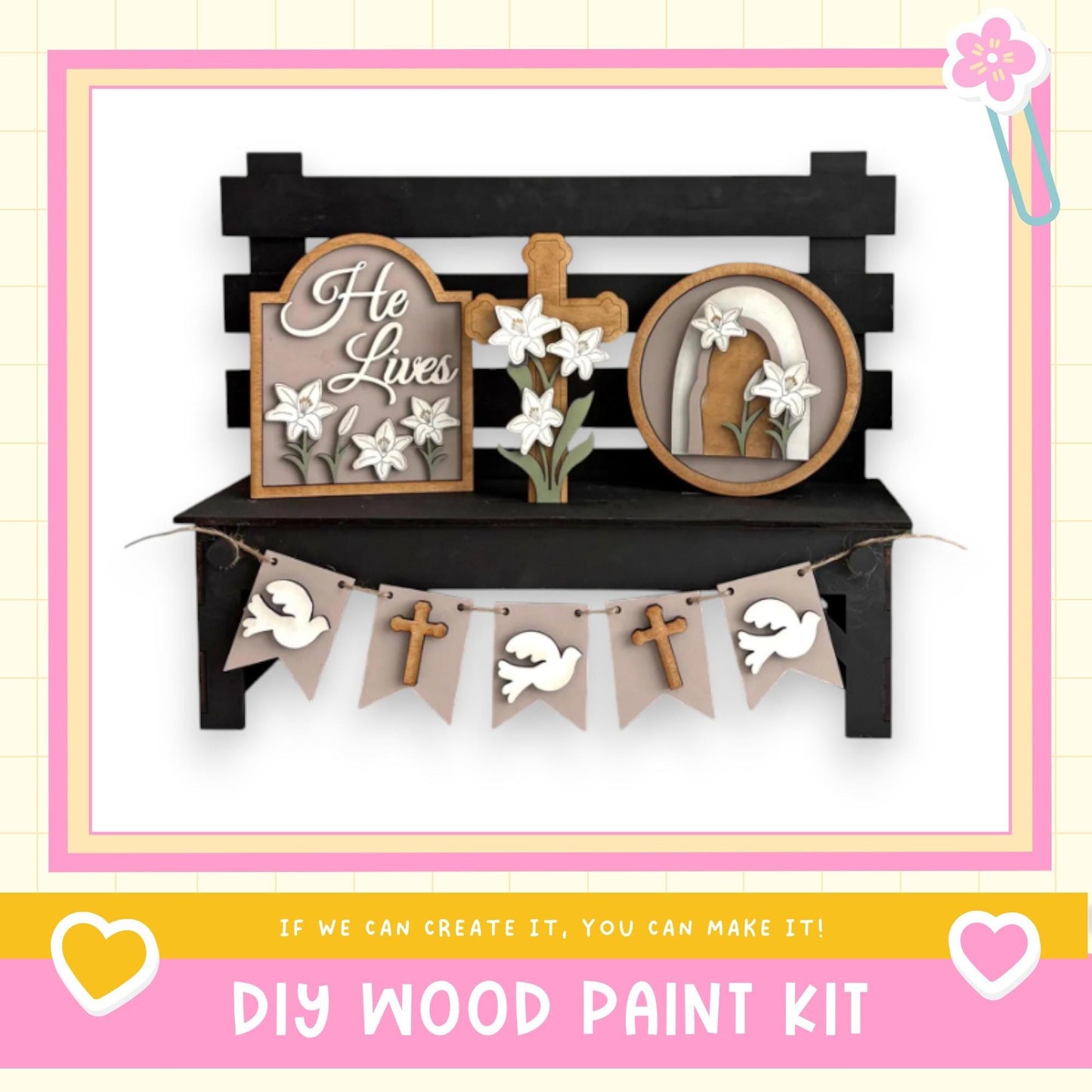 a DIY wood paint kit for creating a wooden bench with decorative elements such as a cross, flowers, and a banner.