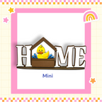 a cute yellow duck sitting inside a wooden house-shaped frame, surrounded by a pink and yellow border with stars and a rainbow.