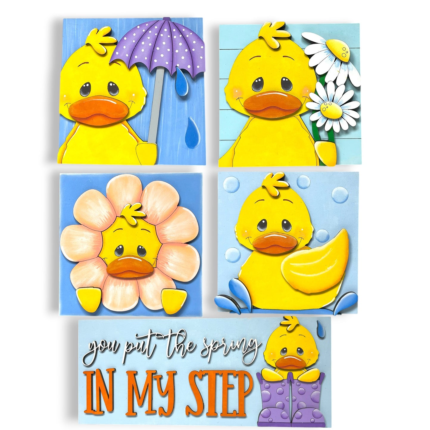 The image is a collage of four square images depicting yellow duck characters in various spring-related situations, including holding an umbrella, holding flowers, and sitting in a step.