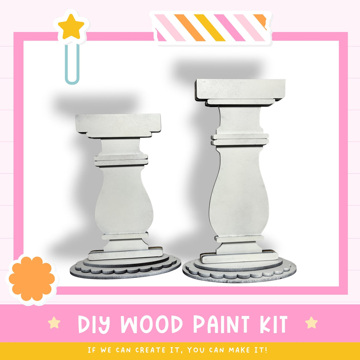 two white wooden columns or stools, which appear to be part of a DIY wood paint kit. The kit is designed for creating custom wooden furniture or decorative items.