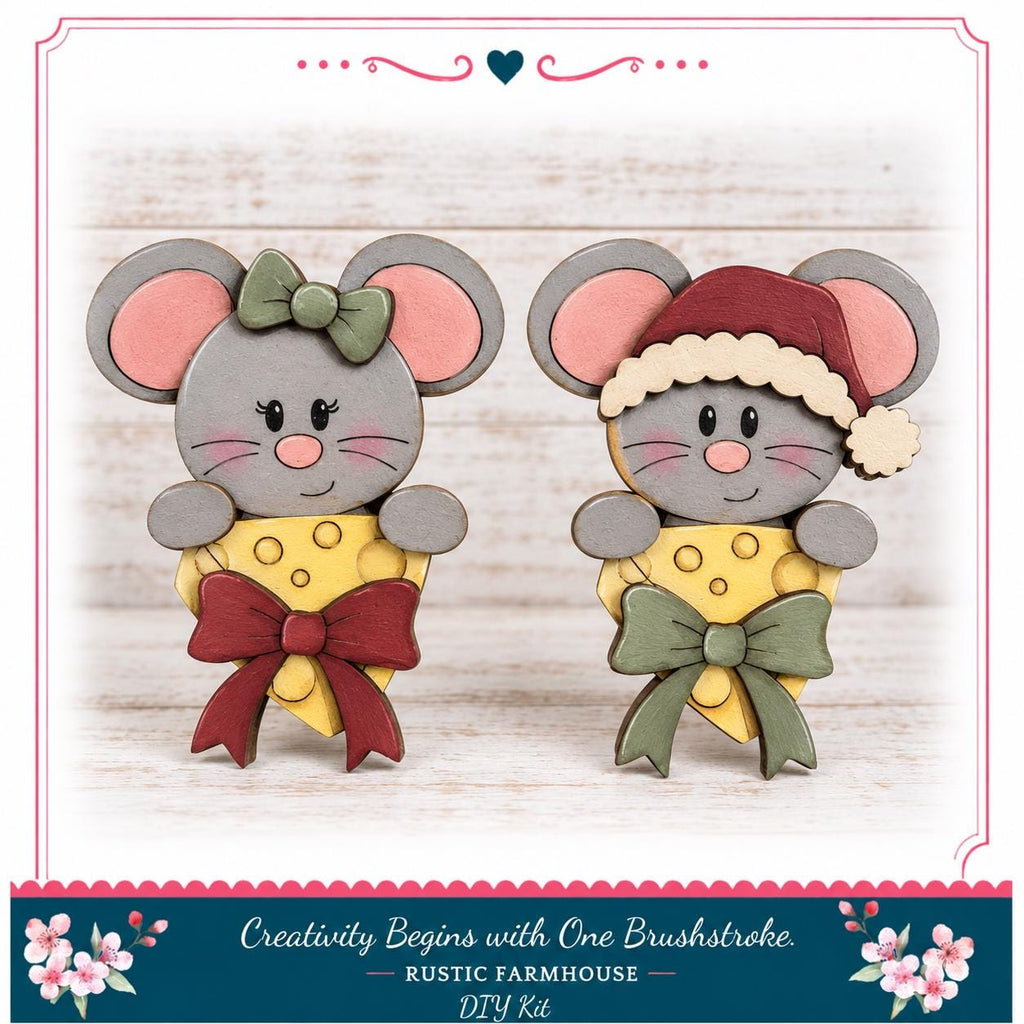 two wooden mice wearing colorful bows and hats, standing next to each other on a wooden surface.