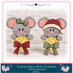 two wooden mice wearing colorful bows and hats, standing next to each other on a wooden surface.