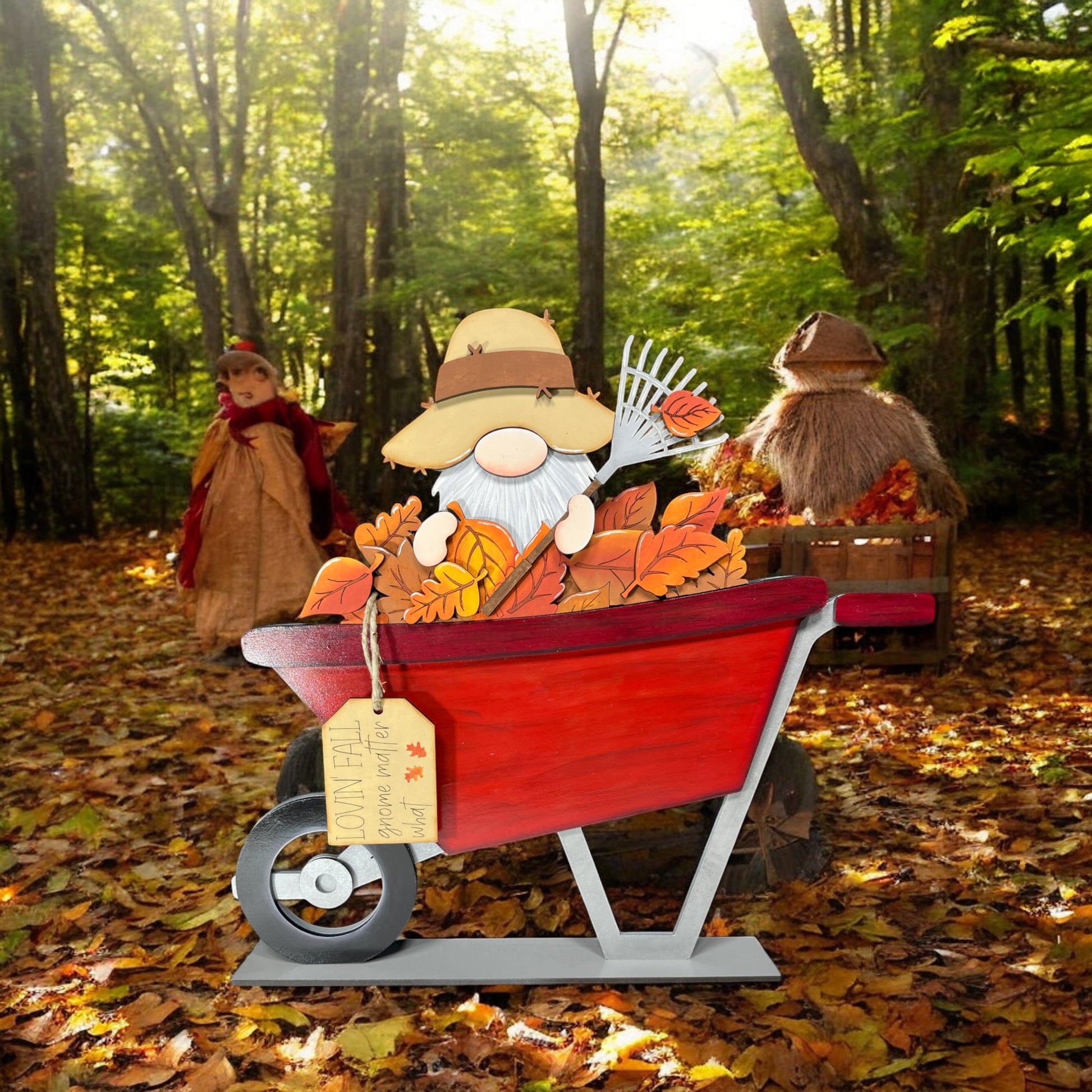 a red wagon filled with lots of leaves