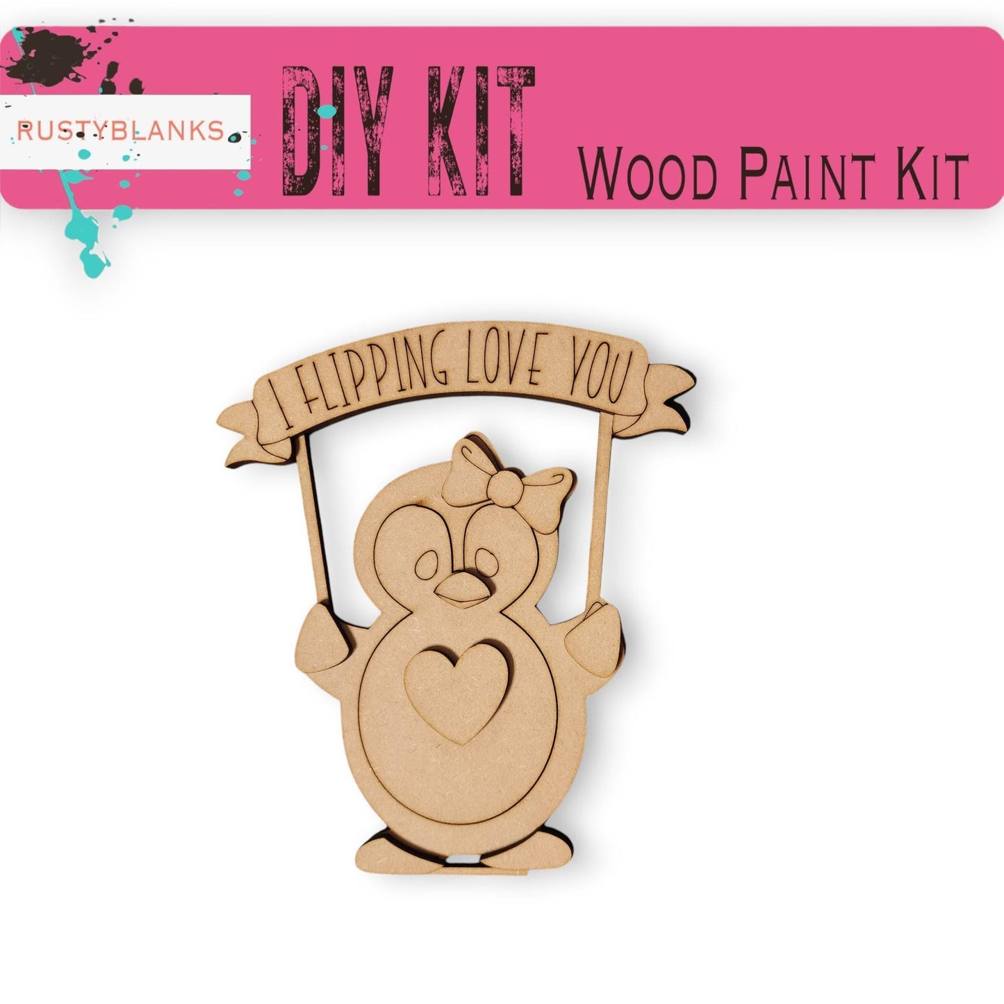 a wooden craft kit with a bear holding a sign