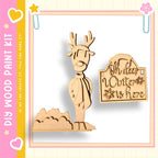 a wooden deer figurine and a wooden sign with the text "Oh, winter is here".