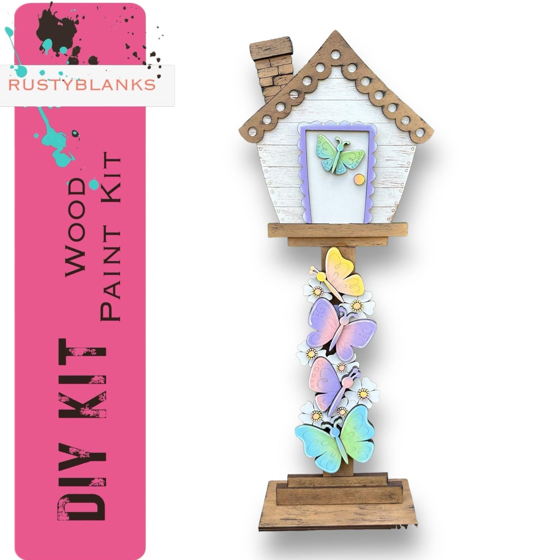 a wooden bird house with butterflies on it