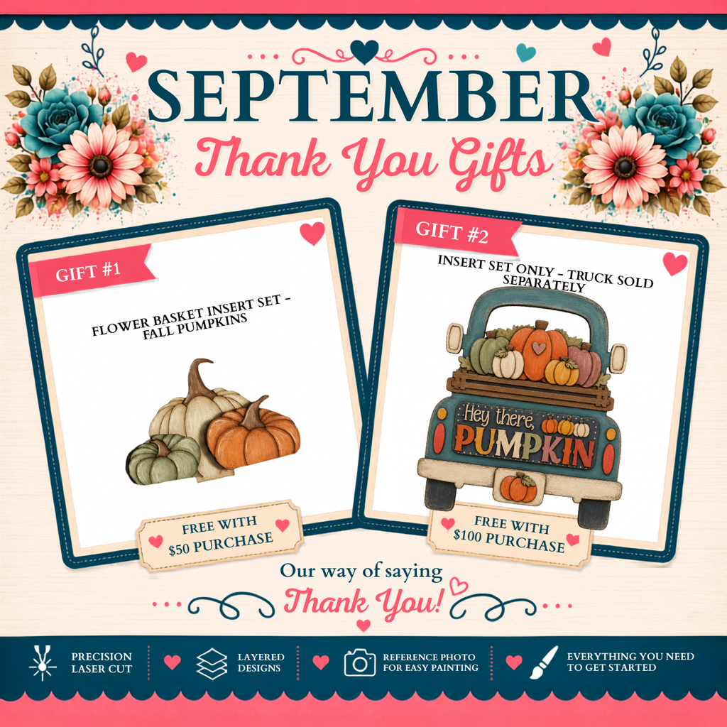 The image is a promotional poster for a fall-themed gift set, featuring illustrations of pumpkins and a truck with a pumpkin on the back. The poster includes text and images to describe the gift set and its features, such as the inclusion of a flower basket insert set and a truck with a pumpkin on the back. The poster also includes a "Thank You" message and a "Free with $50 Purchase" offer.