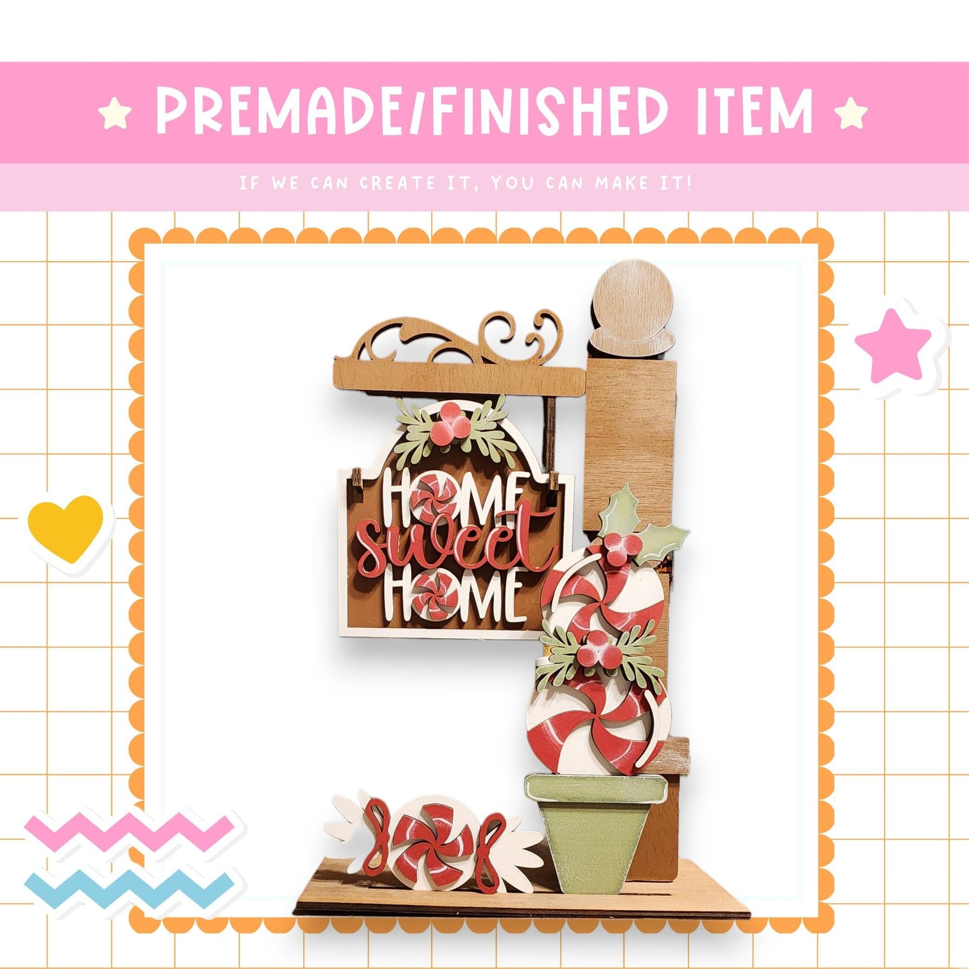 The image is a collage featuring a wooden sign with the phrase "Home Sweet Home" and various decorative elements such as candy canes, a star, and a heart.