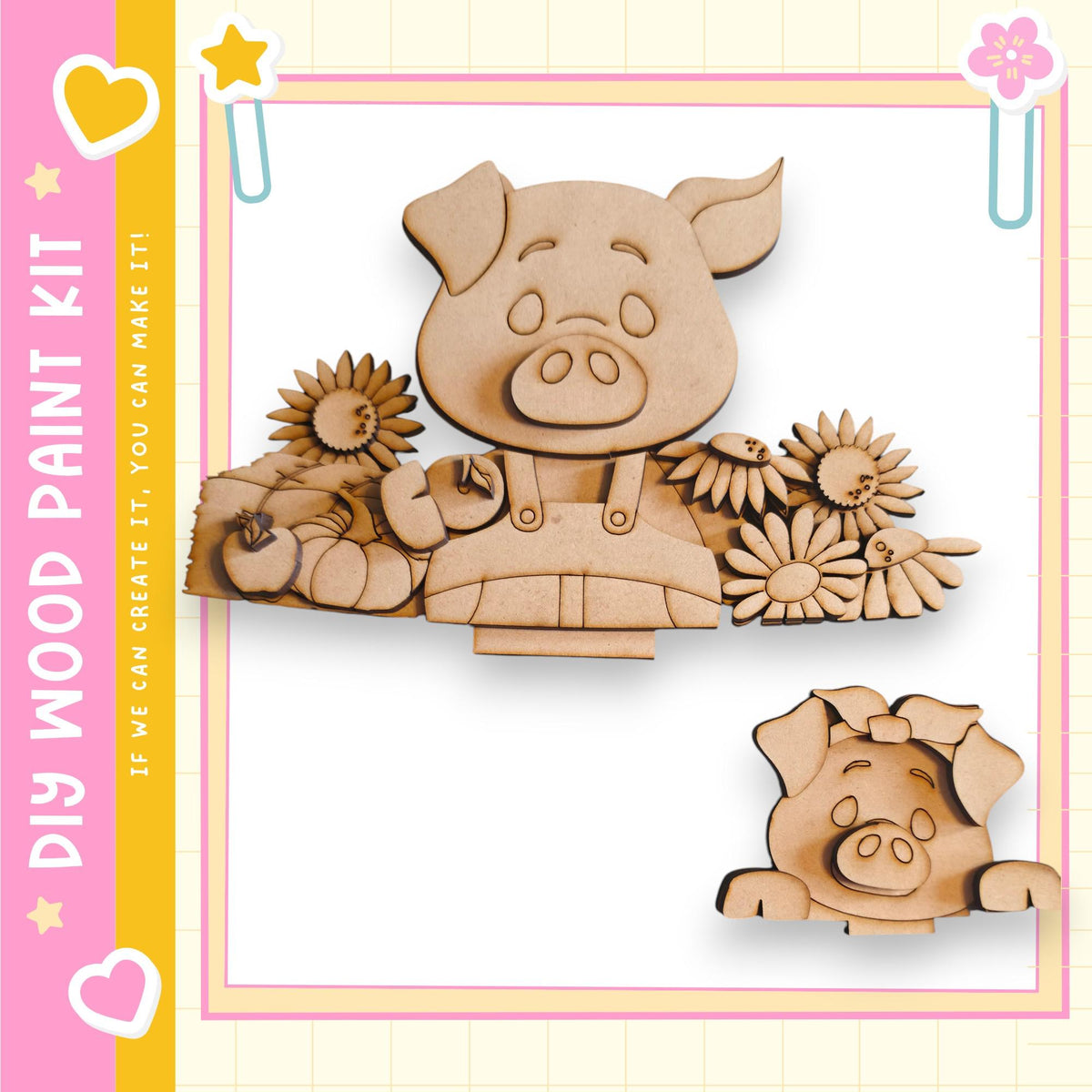 a wooden paint kit with a pig and flowers, along with a heart and a star.