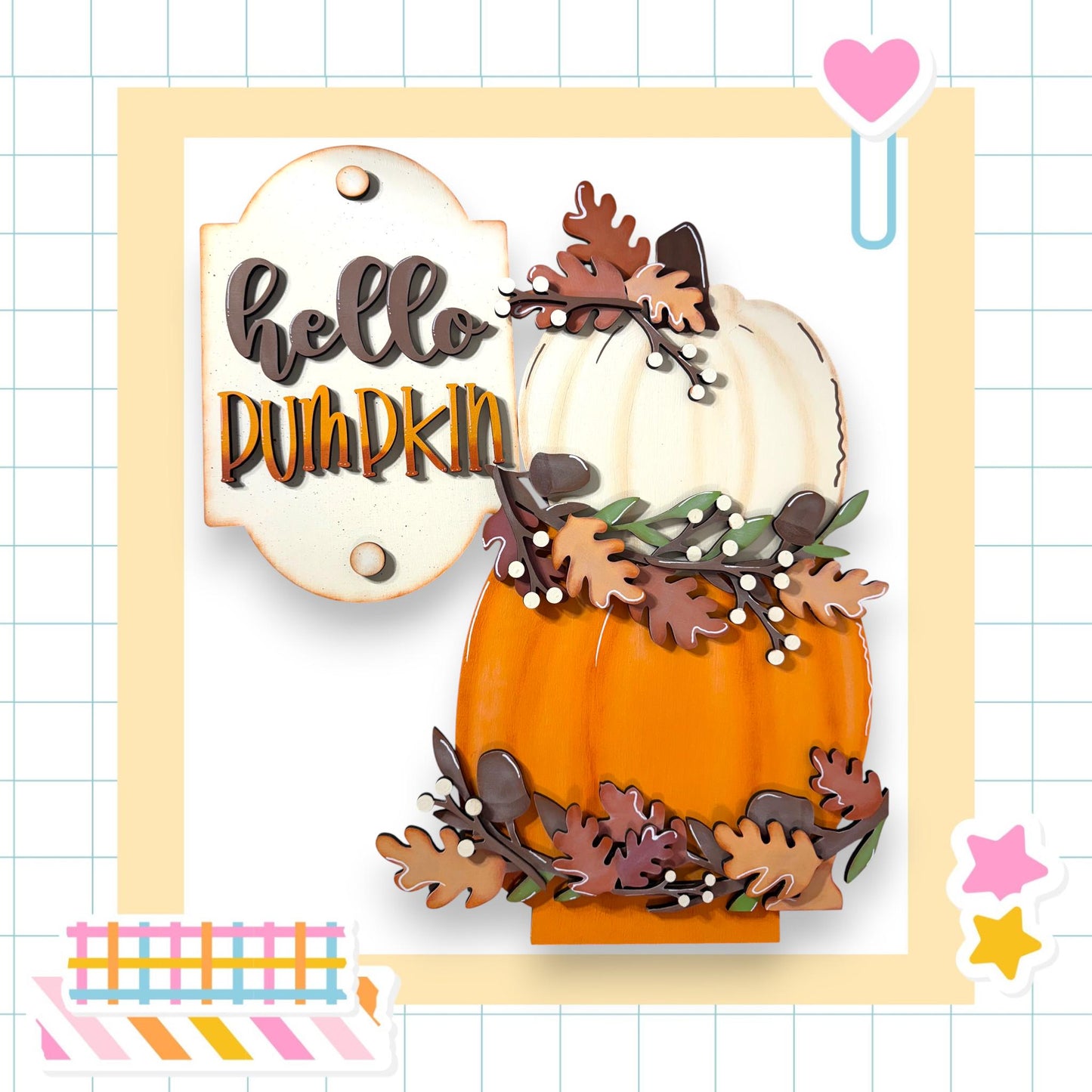 a decorative pumpkin with leaves and a heart-shaped tag that says "Hello Pumpkin".