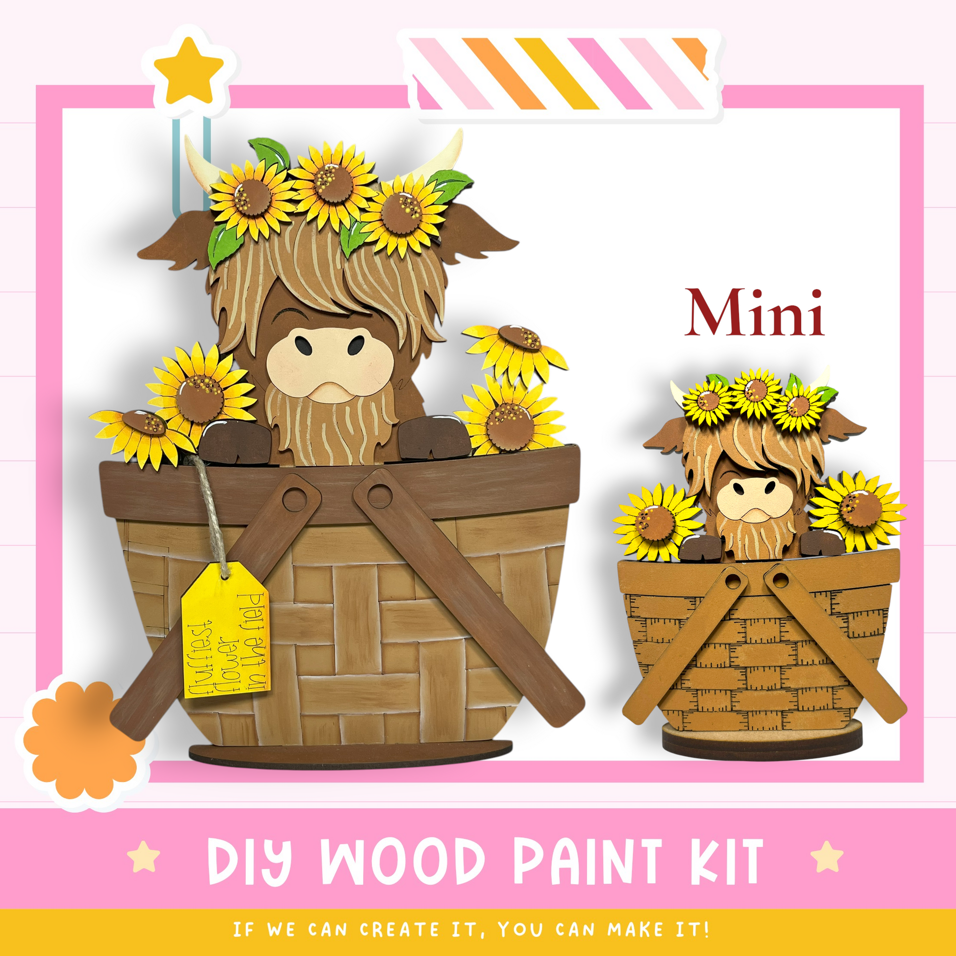 two wooden baskets, each containing a cow with a sunflower crown. The baskets are decorated with yellow sunflowers, and there is a yellow tag attached to one of the baskets. The image also includes text that reads "DIY WOOD PAINT KIT" and "IF WE CAN CREATE IT, YOU CAN MAKE IT!"