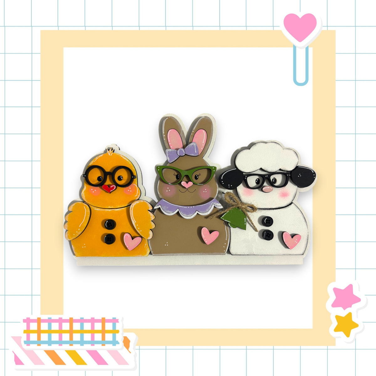three cartoon animal characters wearing glasses, arranged in a row.
