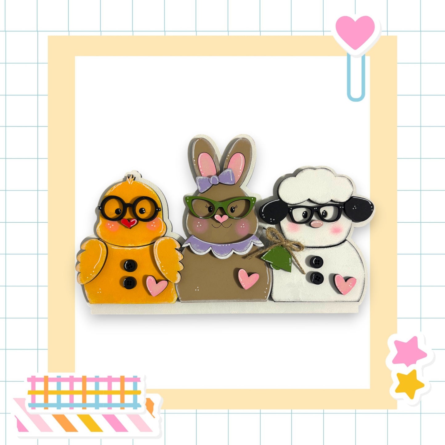 three cartoon animal characters wearing glasses, arranged in a row.