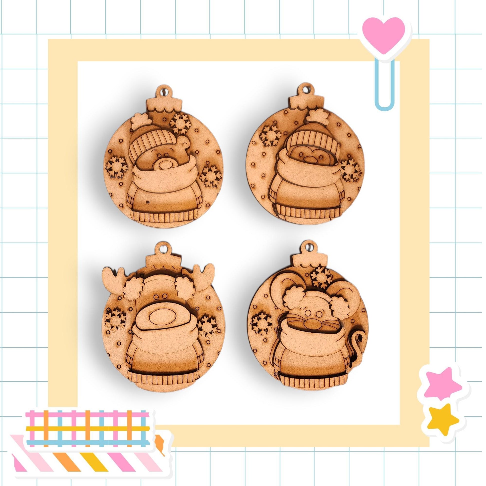 four wooden ornaments with various designs, including a snowman, reindeer, cat, and other festive elements, all set against a yellow and white checkered background.