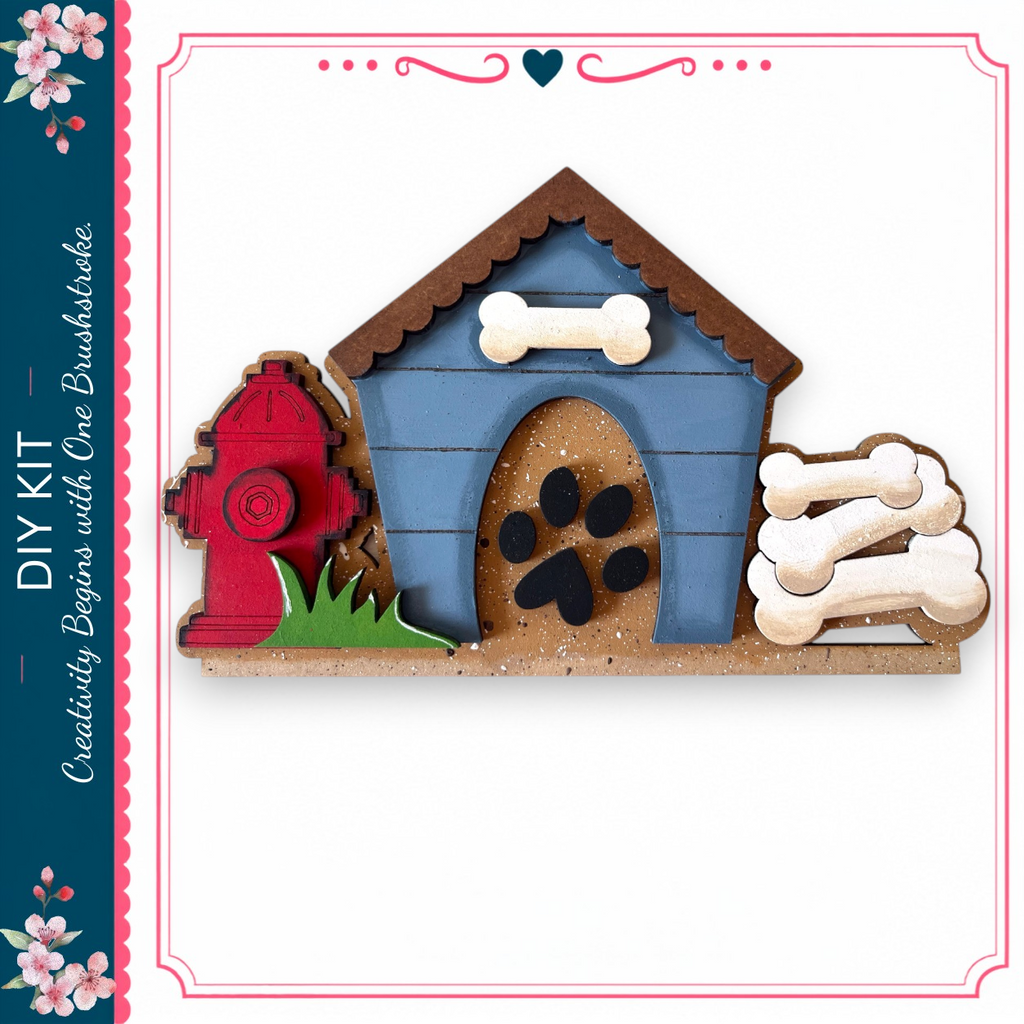a wooden dog house with a red fire hydrant and dog paw prints on the front, set against a white background.