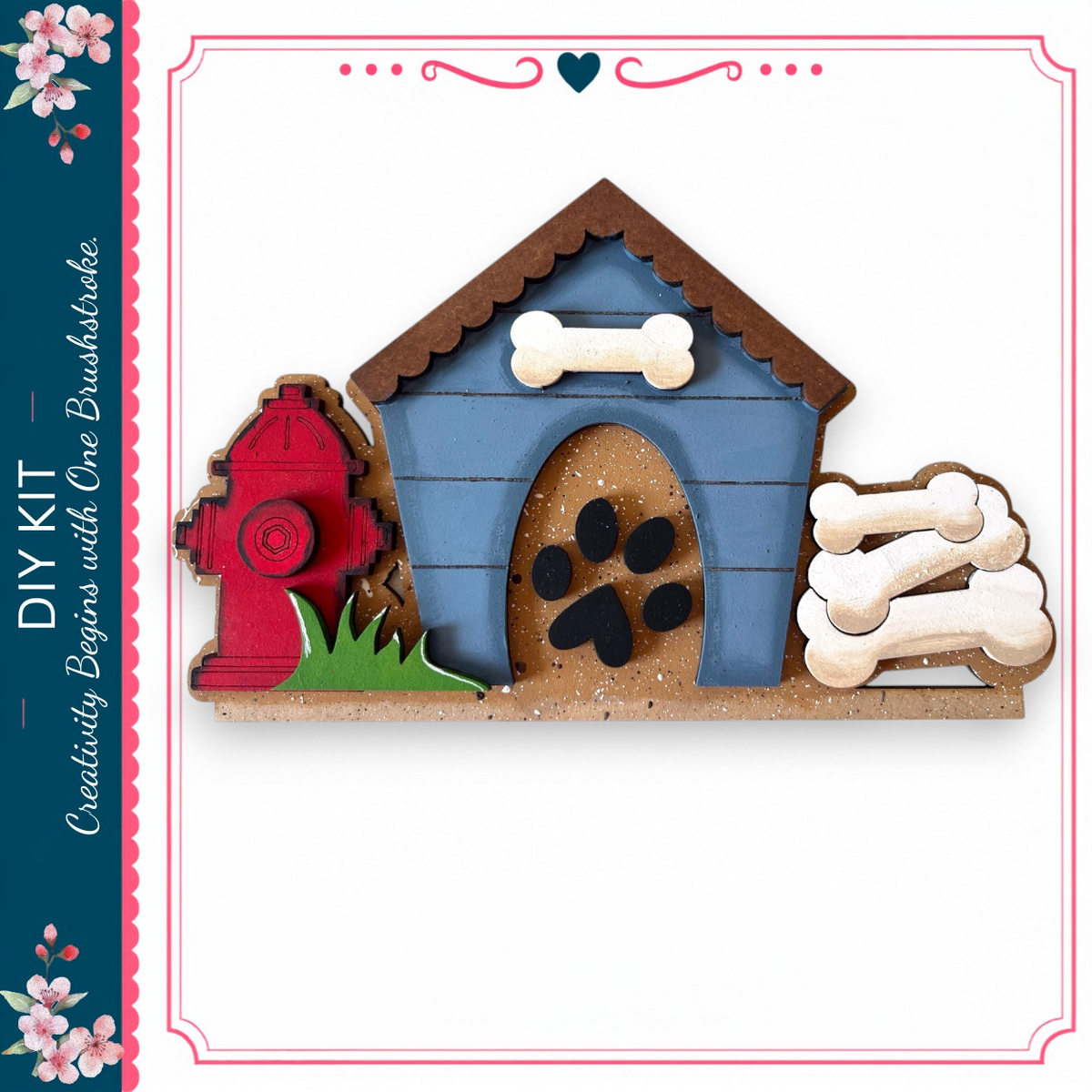 a wooden dog house with a red fire hydrant and dog paw prints on the front, set against a white background.