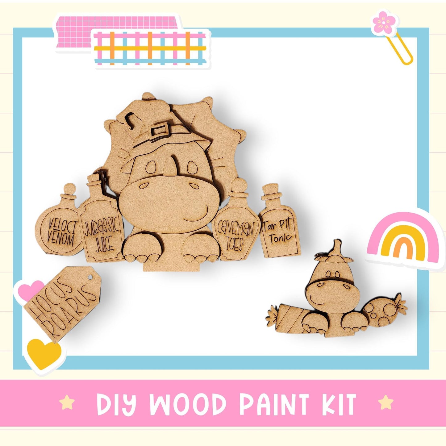 The image is a DIY wood paint kit featuring a wooden toy dinosaur and various wooden objects, including bottles and a heart-shaped tag.