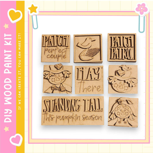 six wooden cutouts, each with a unique design, arranged in a grid pattern. The cutouts are labeled with phrases such as "PATCH perfect couple", "PATCH patrol", "HAY there", "STANDING I AM", and "This pumpkin season". The cutouts are set against a pink and yellow background, and the image does not contain any text that can be described in fewer than 500 characters.