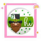 a st patrick's day themed button with a leprechaun