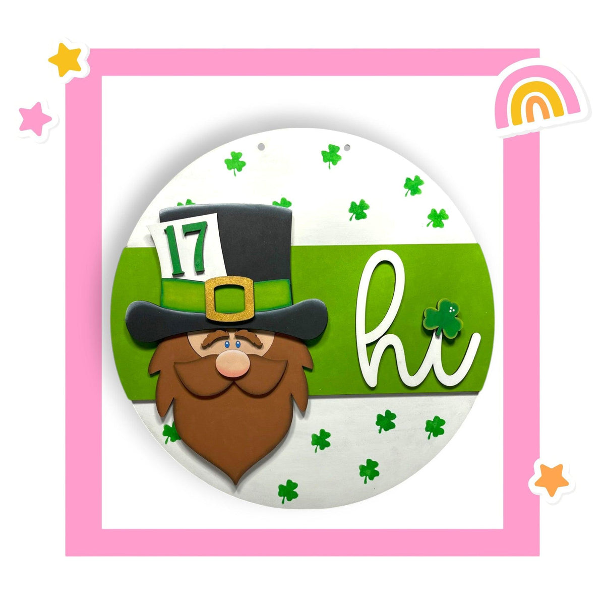 a st patrick's day themed button with a leprechaun