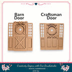 two wooden doors, one labeled "Barn Door" and the other "Craftsman Door", both with intricate designs and patterns. The text "Creativity Begins with One Brushstroke. Rustic Farmhouse - DIY Kit" is visible, indicating that these doors are part of a DIY kit for creating rustic farmhouse-style doors.