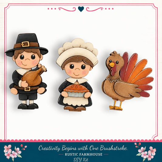 a collage of three cartoon characters: a Pilgrim holding a turkey, a young girl holding a pie, and a turkey. The characters are set against a white background with a decorative border.