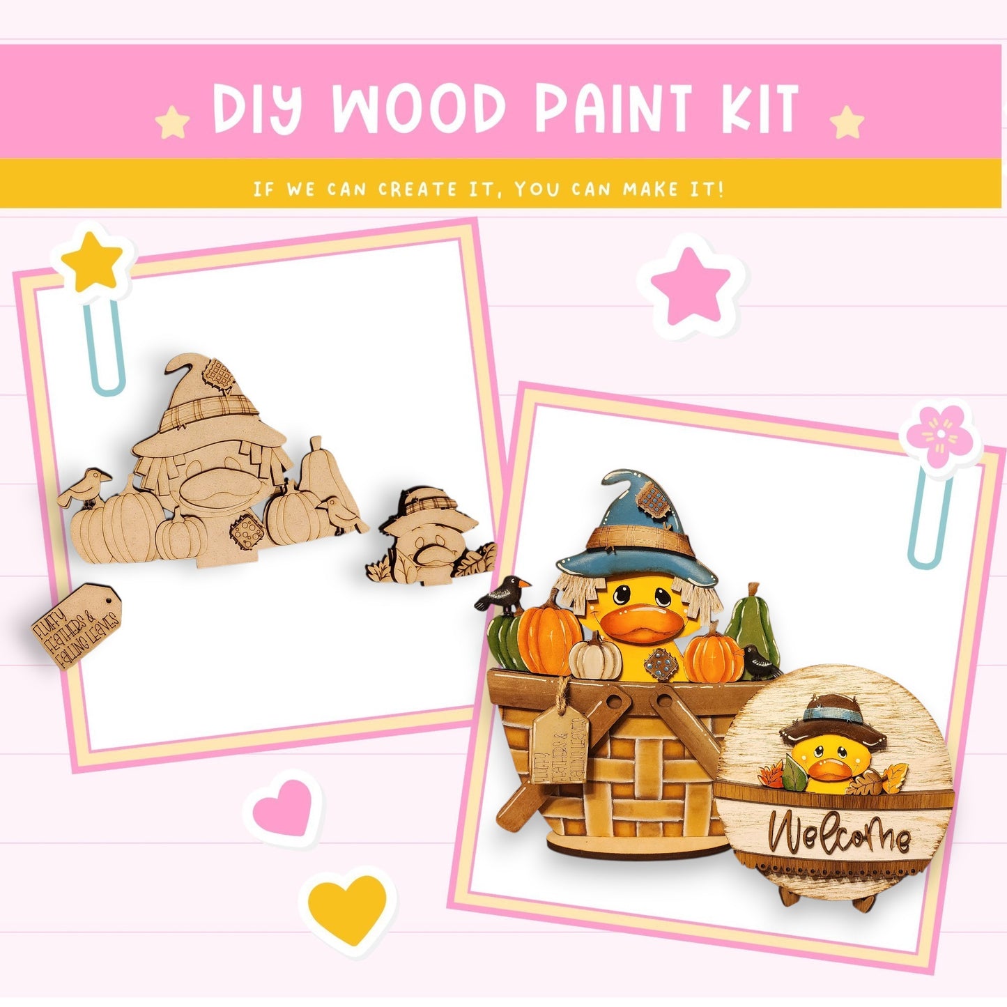 The image is a DIY wood paint kit featuring a wooden witch and a wooden duck. The kit includes a wooden witch hat, a wooden pumpkin, and a wooden basket with a wooden welcome sign.
