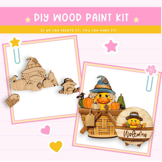 The image is a DIY wood paint kit featuring a wooden witch and a wooden duck. The kit includes a wooden witch hat, a wooden pumpkin, and a wooden basket with a wooden welcome sign.