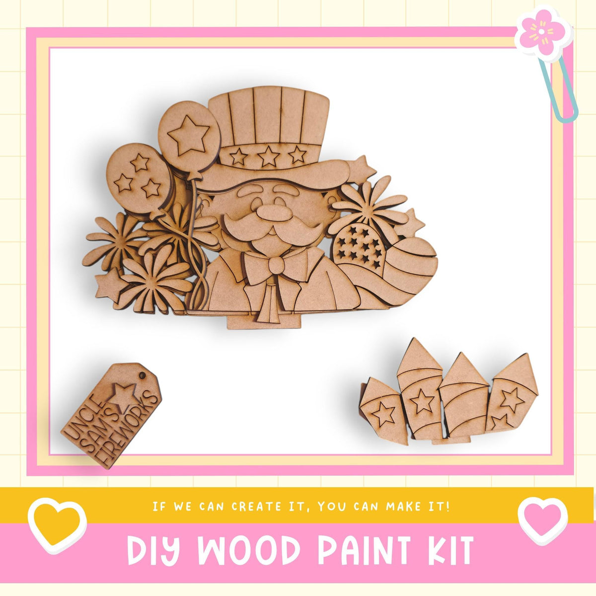 The image is a DIY wood paint kit featuring a wooden character with a top hat and stars, along with various wooden shapes and decorations.