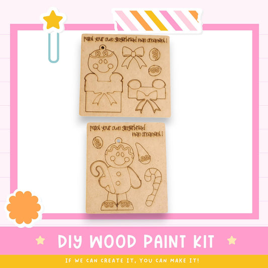 The image is a promotional image for a DIY wood paint kit, featuring two wooden pieces with various shapes and designs, such as a star, a heart, and a snowman.