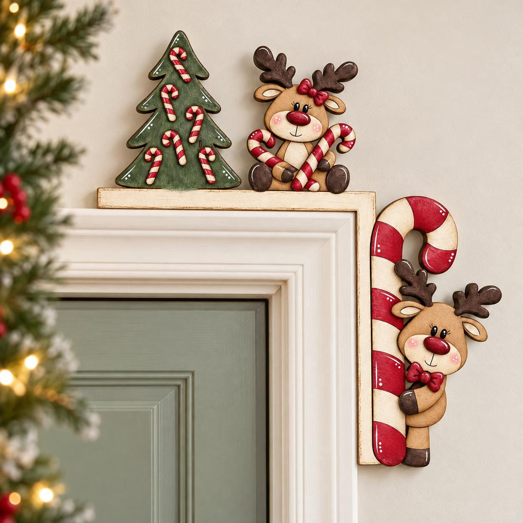 a festive scene with a Christmas tree, candy canes, and two reindeer or deer figurines. The tree is decorated with red and white candy canes, and the reindeer are holding candy canes. The scene is set against a white wall, and there is a door visible in the background.