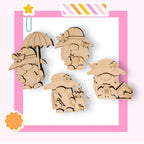 a wooden cutout of a family with an umbrella
