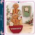 A festive scene featuring a stack of gingerbread men and a green door, all decorated with Christmas-themed elements such as snowflakes and berries.