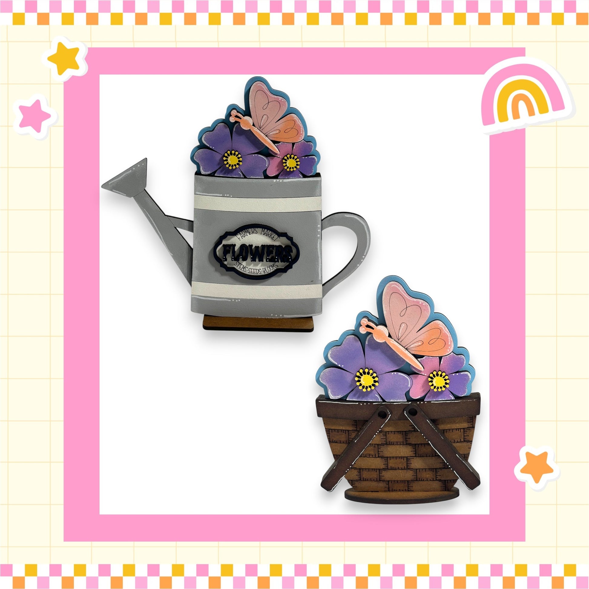 two flower-themed objects, including a watering can and a basket filled with flowers.