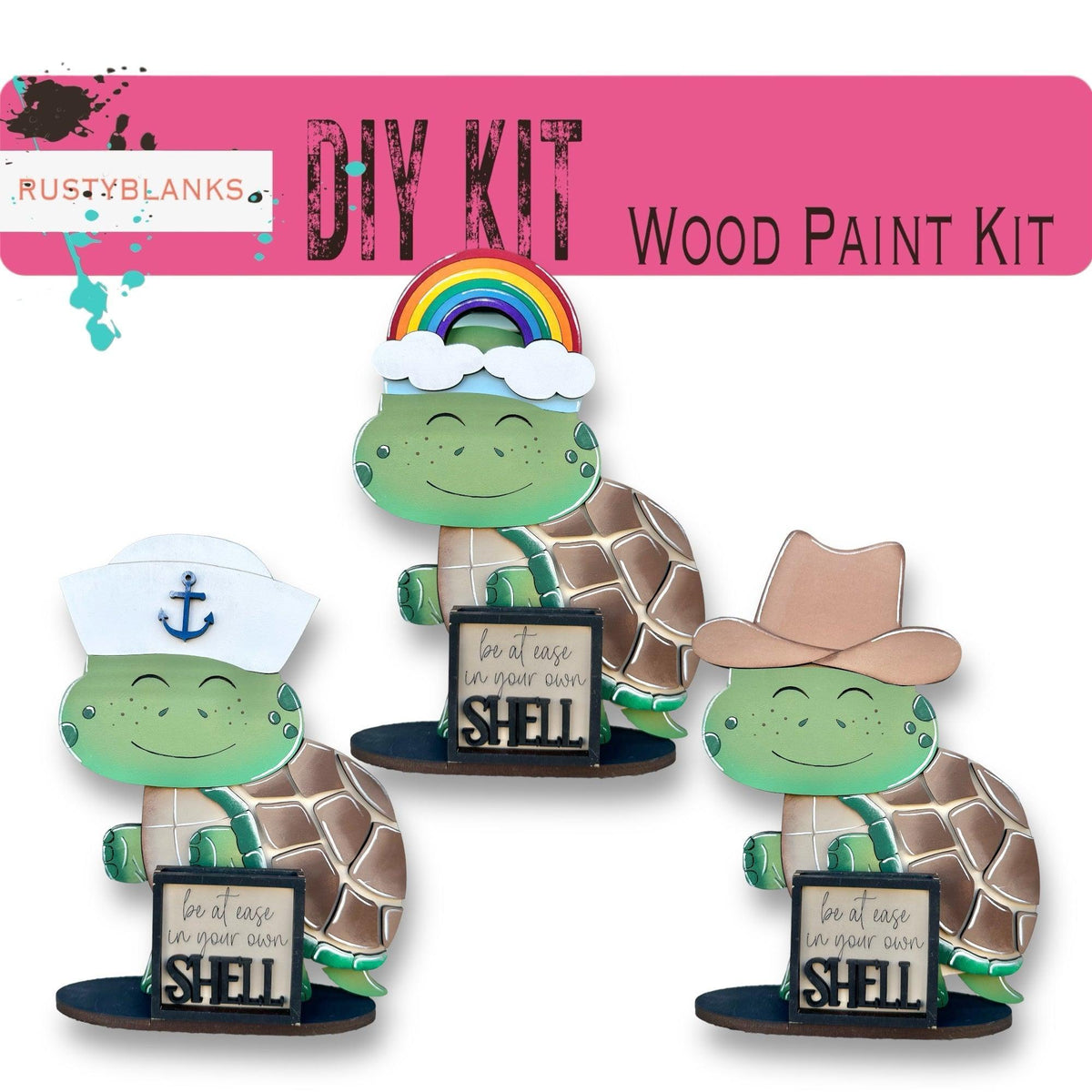 three turtle figurines with hats on each of them