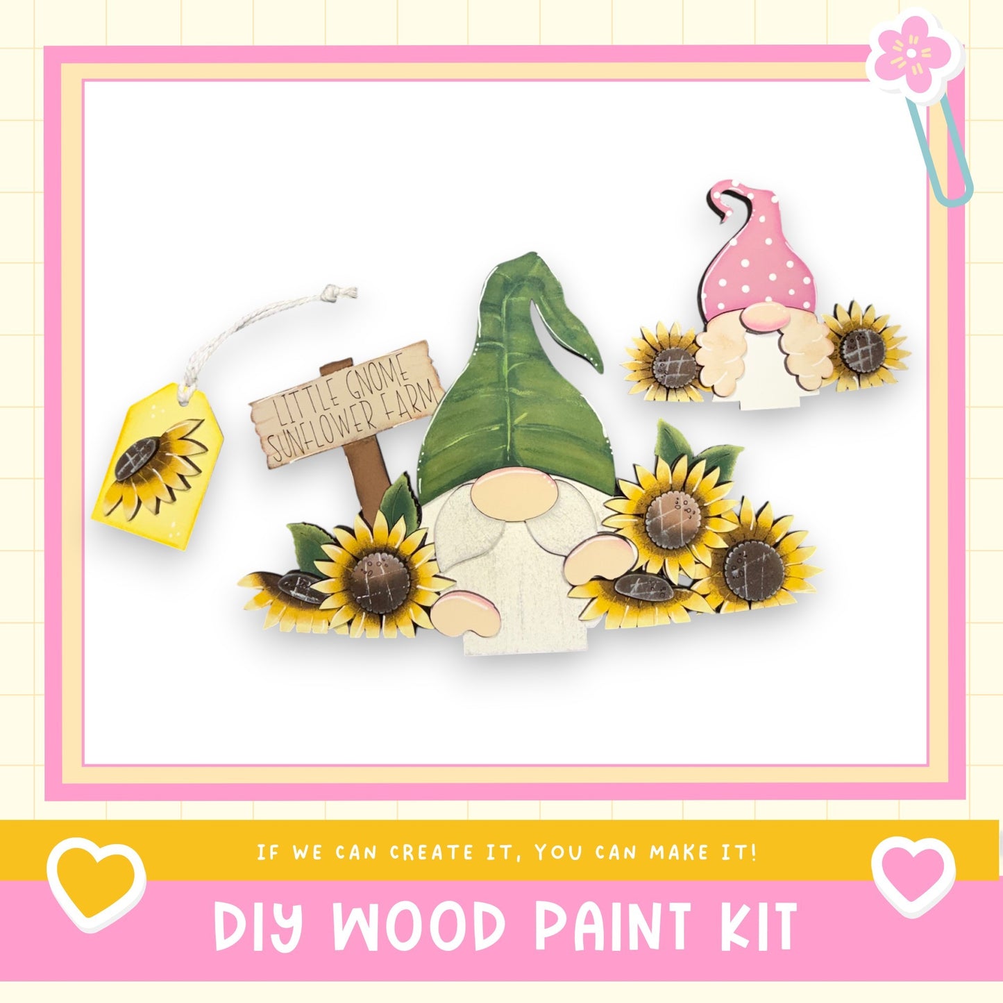 The image is a collage of three wooden gnome figurines surrounded by sunflowers, with a sign that reads "Little Gnome Sunflower Farm".