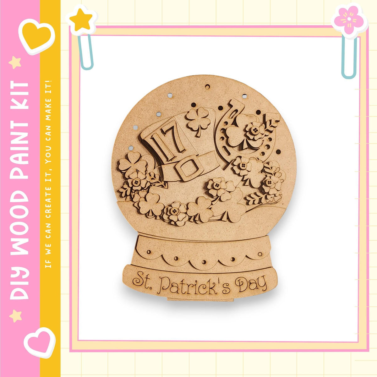 A wooden snow globe with a decorative design, including a hat, flowers, and the text "St. Patrick's Day".