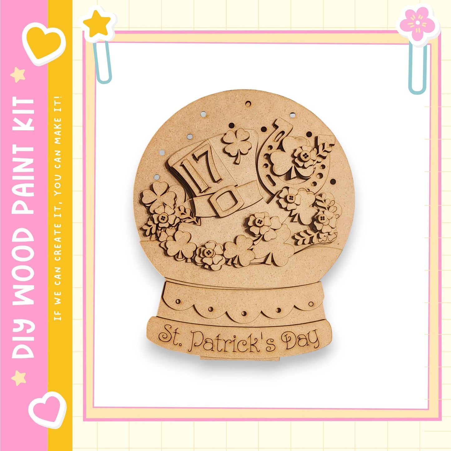 A wooden snow globe with a decorative design, including a hat, flowers, and the text "St. Patrick's Day".