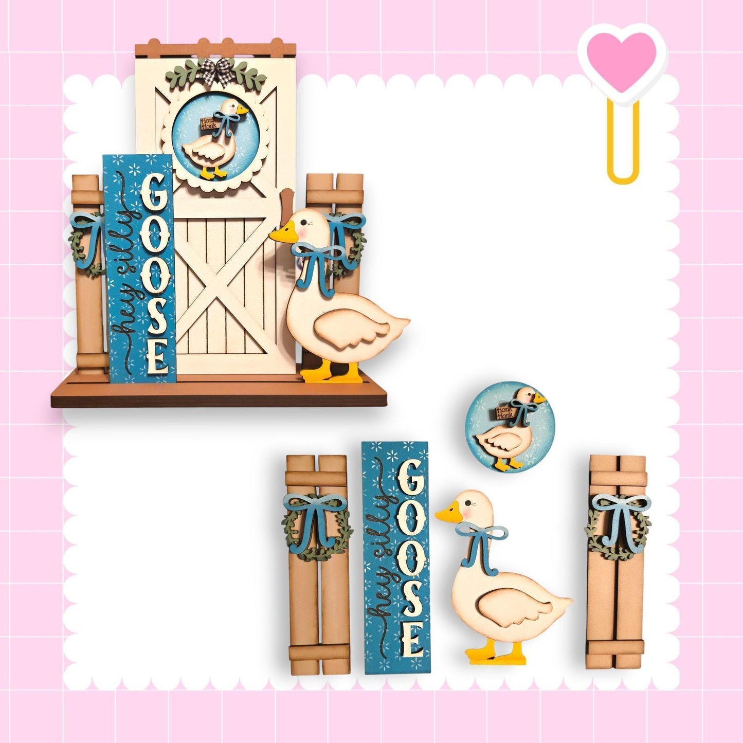 The image is a collage featuring various wooden cutouts of geese, including a wooden door, a wooden fence, and wooden planks. The geese are adorned with blue ribbons and bows, and the word "GOOSE" is prominently displayed on them.