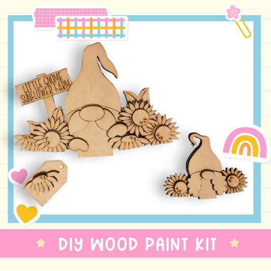 The image is a DIY wood paint kit featuring a wooden gnome and flowers, with a sign that says "Little Gnome Sunflower Farm".